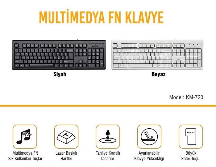 A4 Tech KM-720 Standart Q FN-Multimedya Klavye Siyah USB